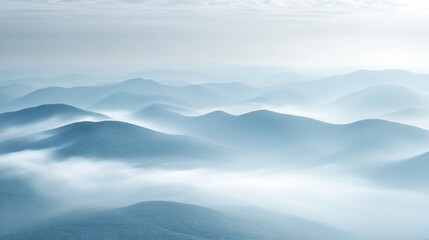 Ethereal vista, Serene mountain ranges shrouded in morning fog embrace