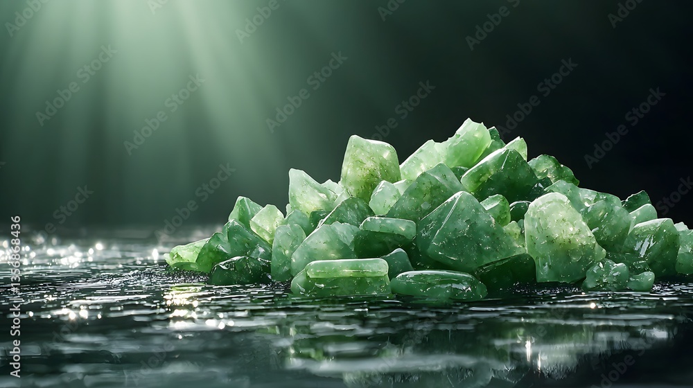 Aufkleber beautiful green crystals resting gently on water surface reflecting light creating a captivating vis