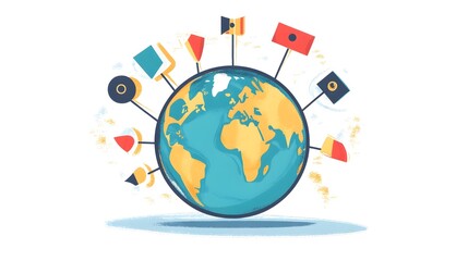 World globe with flags and geolocation pointers for international business marketing