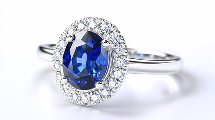 A Dazzling Sapphire Ring: Capturing the essence of luxury, this exquisite engagement ring features a brilliant blue sapphire centerpiece encircled by sparkling diamonds, a symbol of elegance. 