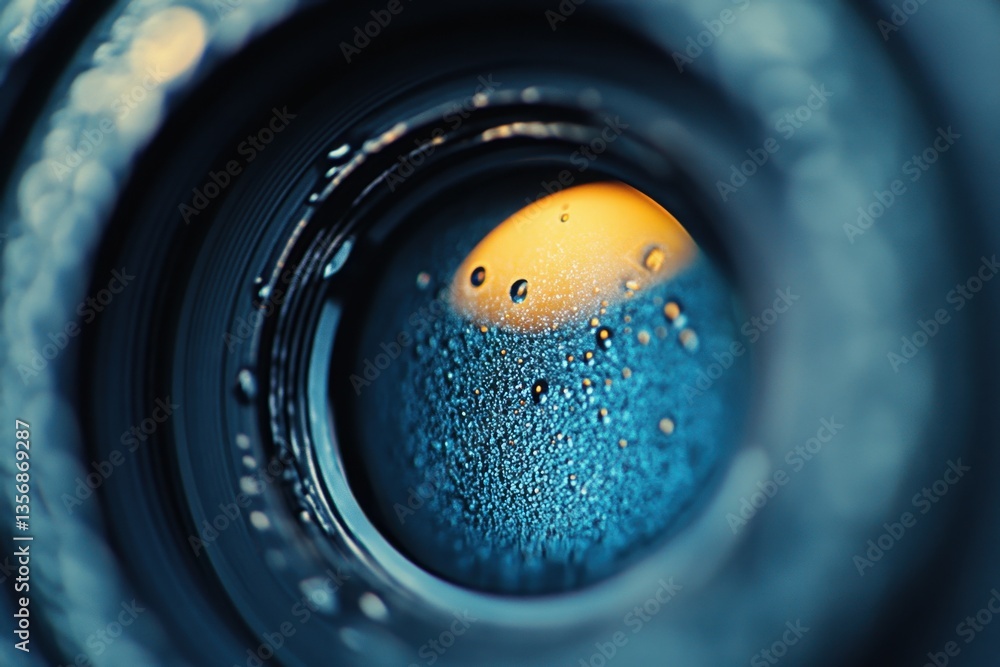 Aufkleber macro shot of a mesmerizing blue sphere with water droplets and a golden glow creating a captivating