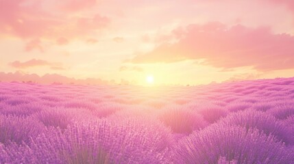 Lavender field blooms under pastel dawn sky, serene and tranquil