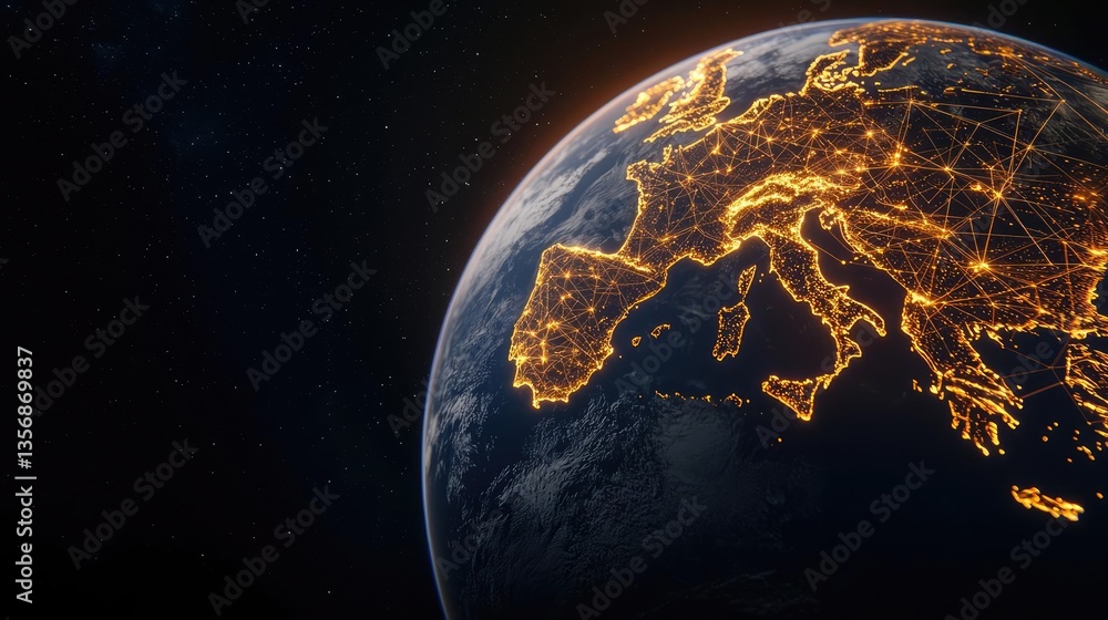Poster earth at night symbolizing global business and communication concept. beautiful view of illuminated 
