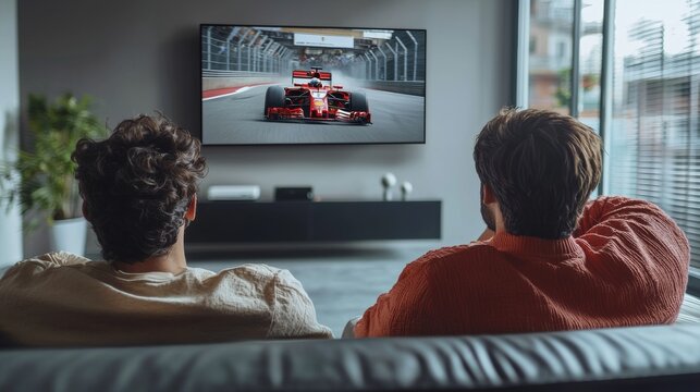 Two friends leaning forward on a modern sofa, watching Formula 1 in minimal living room. Two friends leaning forward watching a Formula 1 race in a neutral-toned room.
