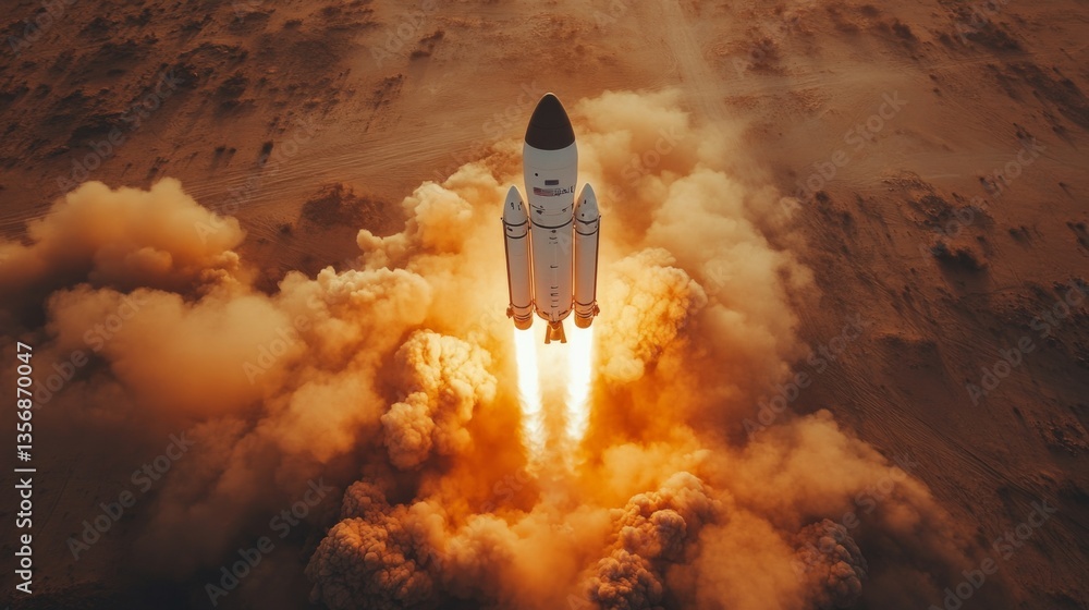 Poster Rocket ascends into the sky as powerful thrusters ignite, sending plumes of smoke and flames into the atmosphere while embarking on a mission for space exploration and recovery.