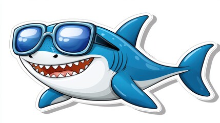 Obraz premium Cute cartoon anime-style shark sticker design with blue sunglasses smiling happily in a fun and vibrant summer aesthetic