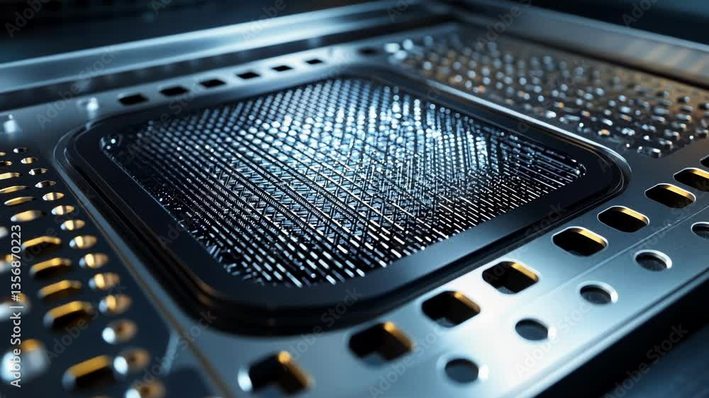 Poster close up of a metallic surface featuring intricate geometric patterns, reflecting light in a futuris