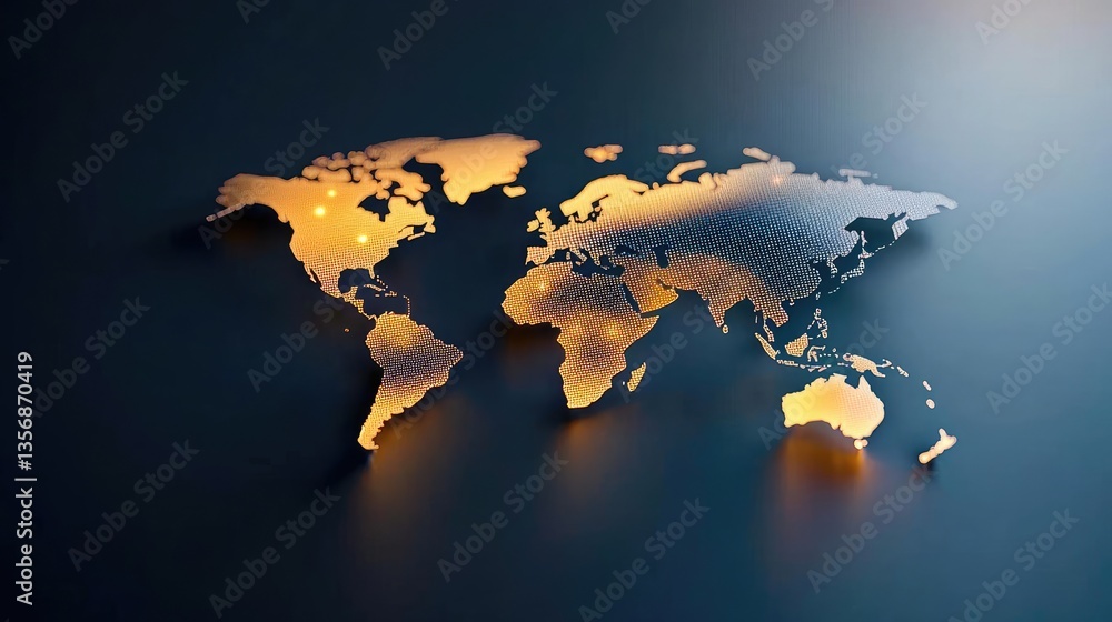 Poster earth at night displaying global finance and future business concept. stylized world map with a gold