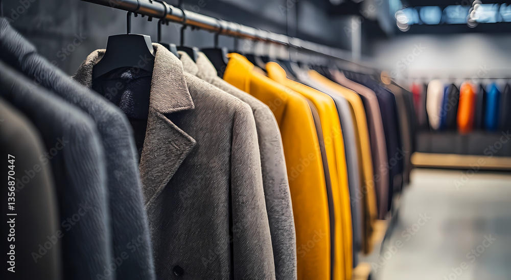 Poster elegance in lines: a captivating visual of a rack meticulously displaying a collection of coats, eac
