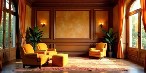 Sunlit Interior Design Elegant Living Room with Mustard Yellow Armchairs and Ottoman