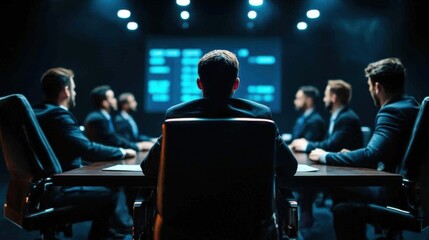 Smart business team presenting quarterly financial results on LED screen in a high-tech conference room