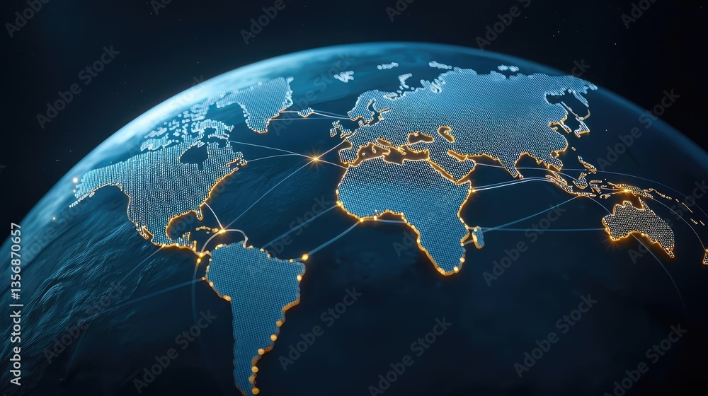 Poster earth at night with global communications and cityscapes concept. illuminated world map showing glob