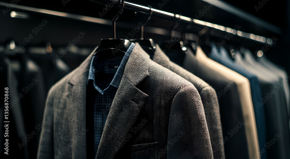 Poster stylish attire: an array of men's suits, meticulously displayed on hangers, showcasing a range of co