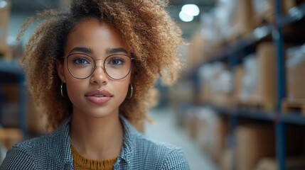 A woman with glasses is focused on overseeing operations in a large warehouse filled with shelves of organized boxes, emphasizing logistics and inventory management practices.