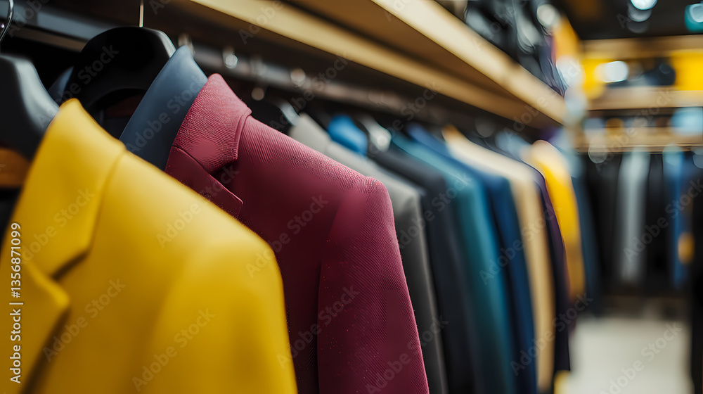 Poster elegance on display: a meticulously curated rack showcasing a vibrant array of tailored suits, with 
