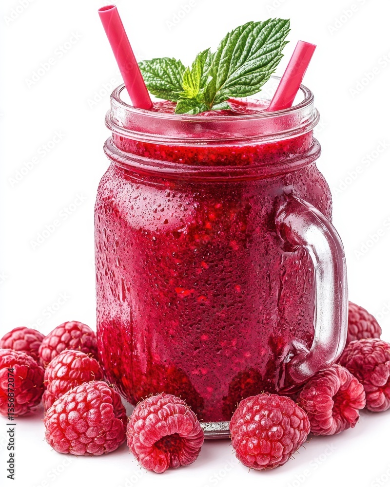 Aufkleber refreshing raspberry smoothie in mason jar with mint garnish and straws on white background studio s