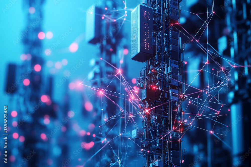 Poster abstract technology network with glowing nodes and connections on a blue background showing innovati