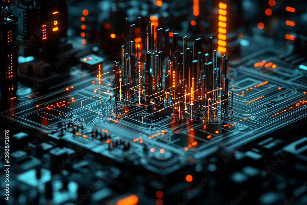 Poster detailed view of a futuristic circuit board with glowing components and intricate design elements pr