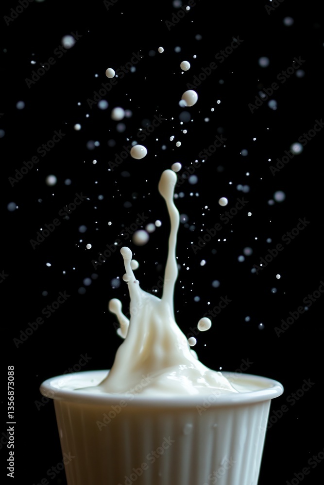 Poster milk splash in a white cup against a black background creating dynamic movement and a visually appea