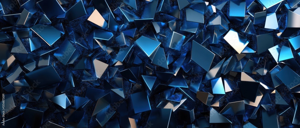 Poster abstract arrangement of reflective blue geometric shapes on a dark background creating a modern and 