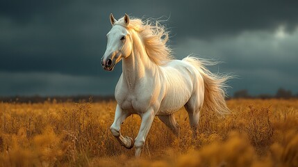 A dynamic shot of a white horse in full stride, its muscular form illuminated against a dark, brooding sky, the wind whipping through its mane in the open wilderness.  