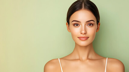 Radiant woman with clear skin and natural makeup green background