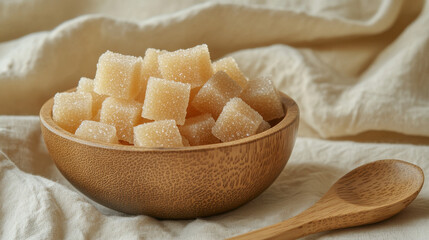 A hand-crafted wooden bowl filled with golden raw sugar cubes, accompanied by a delicate wooden spoon resting nearby