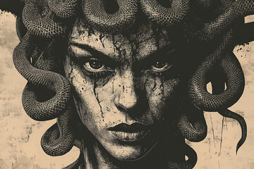 Fototapeta premium Powerful and striking illustration of Medusa with snakes entwined in her hair, symbolizing mystery, power, and danger