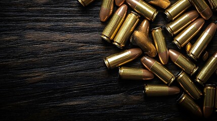 A bunch of bullets arranged on a wooden table showcasing textures and details for firearm and art presentations