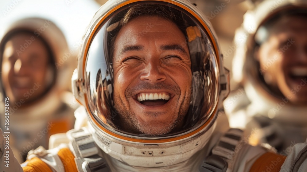 Poster joyful astronauts share smiles and celebrate their successful spaceflight mission after completing r