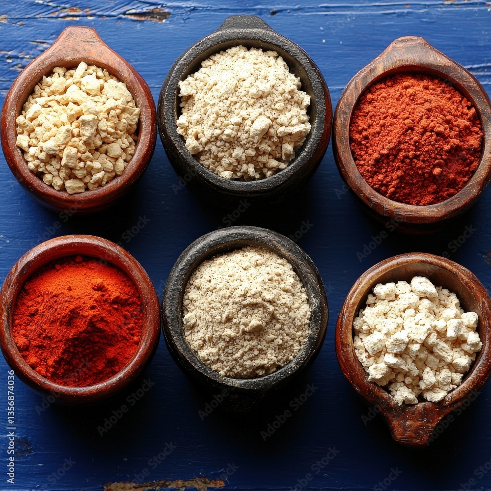 Poster a colorful array of exotic spices artfully arranged in various bowls on a rustic wooden table