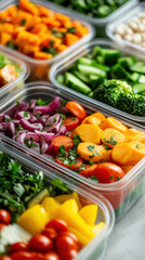 Colorful fresh vegetables arranged in plastic containers for meal prep and healthy eating
