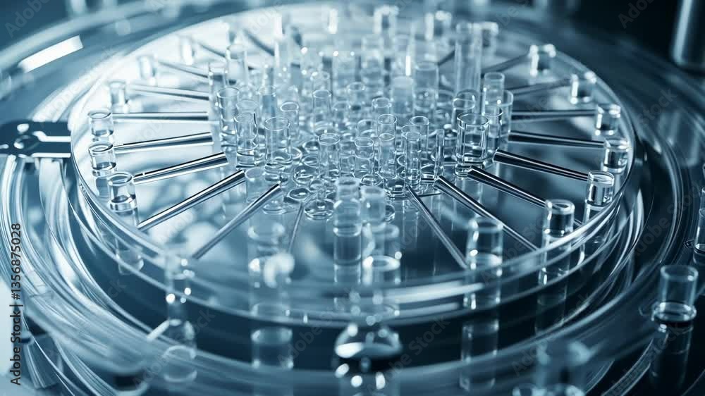 Poster close up of a complex glass apparatus in a laboratory setting, highlighting the intricate design and