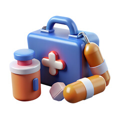 medical icons concept 3D illustration png first aid kit pill saline syringe