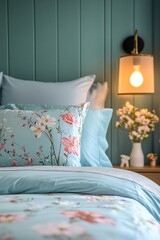 Serene bedroom ambiance with floral bedding and a warm bedside lamp creating a cozy and inviting atmosphere for relaxation and restful sleep