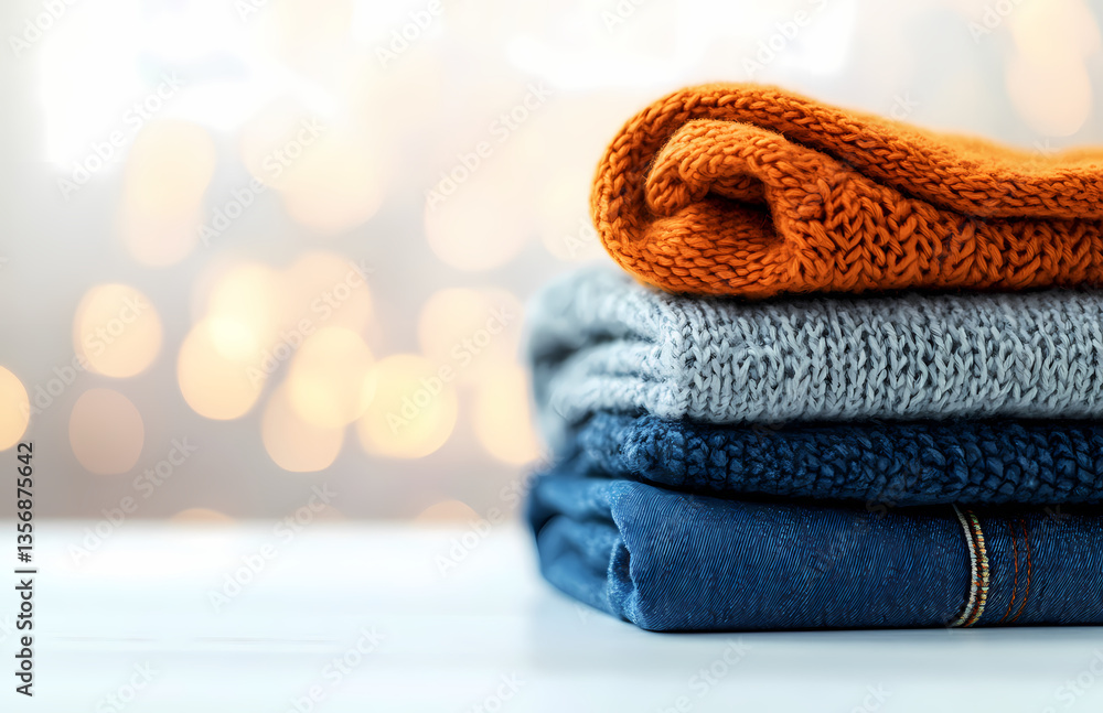 Poster cozy knitted stack: a beautifully arranged stack of soft, folded knitted garments in a range of warm