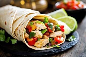 Street-style chicken fajitas with vibrant salsa, soft tortillas, and lime wedges, urban background and handheld vibe