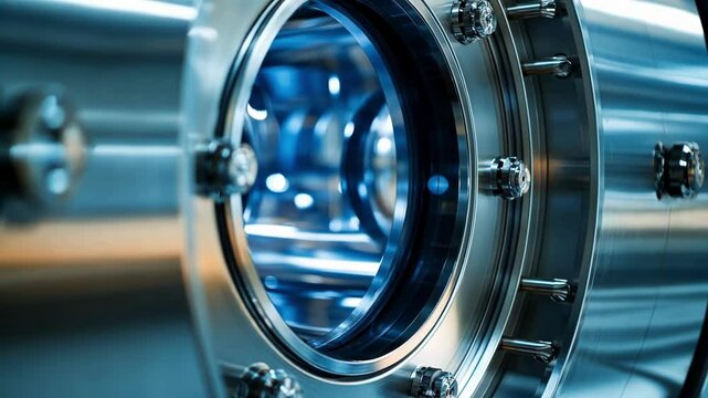 A closeup of the mass spectrometers vacuum chamber showcasing the polished stainless steel interior and multiple ports with glass windows reflecting subtle light patterns that illustrate