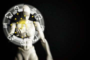 Blurred Robot Cyborg Man with Hand Touching on Motion Hi Tech Circle Interface HUD