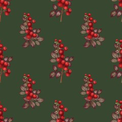 This image features a seamless pattern of festive botanical elements, including red berries, green leaves, and pine branches, arranged diagonally on a green background, evoking a winter holiday