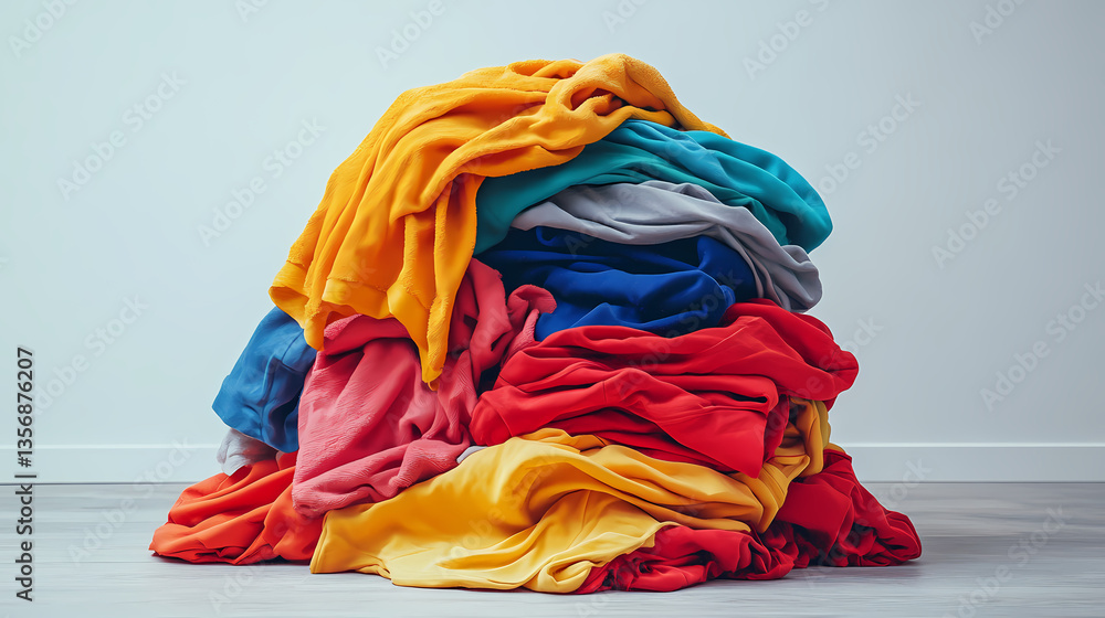 Poster color burst of textiles: a vibrant pile of colorful textiles, displaying a mix of folded garments, a