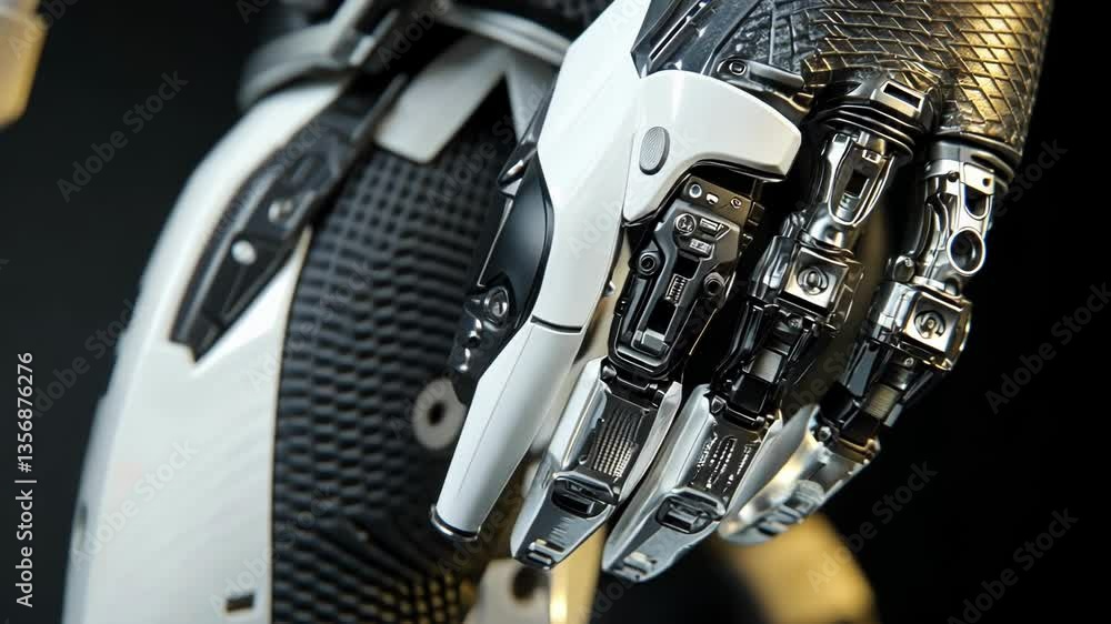 Poster a closeup image of a prosthetic limbs joint mechanism revealing advanced robotics with smooth fluid 