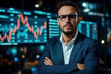 Successful investor standing in front of an upward-pointing financial graph, futuristic office in background