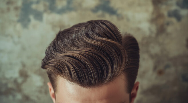 Cabe&ccedil;a de jovem capturada de um &acirc;ngulo superior, destacando o penteado de barbatana de tubar&atilde;o e exibindo a apar&ecirc;ncia &uacute;nica deste corte de cabelo moderno. Amplo espa&ccedil;o para c&oacute;pia dispon&iacute;vel