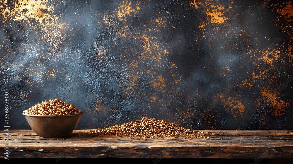 Poster Elegant bowl of assorted nuts placed on a rustic table creating an inviting and appetizing snacking experience