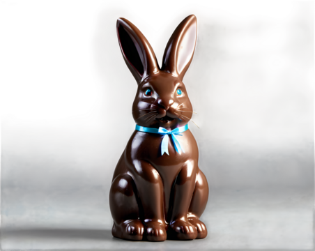 A rich, glossy chocolate Easter bunny with a ribbon around its neck, displayed on a crisp white background with soft lighting.
