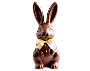 A rich, glossy chocolate Easter bunny with a ribbon around its neck, displayed on a crisp white background with soft lighting.
