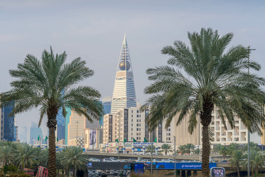 The panorama of Al-Olaya business district in Riyadh with Al Faisaliah Tower building, a local landmark.
