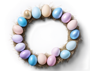 A circular wreath made entirely of pastel and glittery Easter eggs, symmetrically arranged on a white background.
