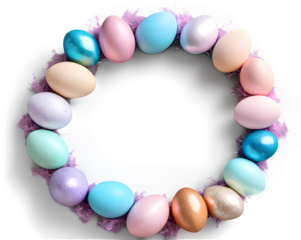 A circular wreath made entirely of pastel and glittery Easter eggs, symmetrically arranged on a white background.
